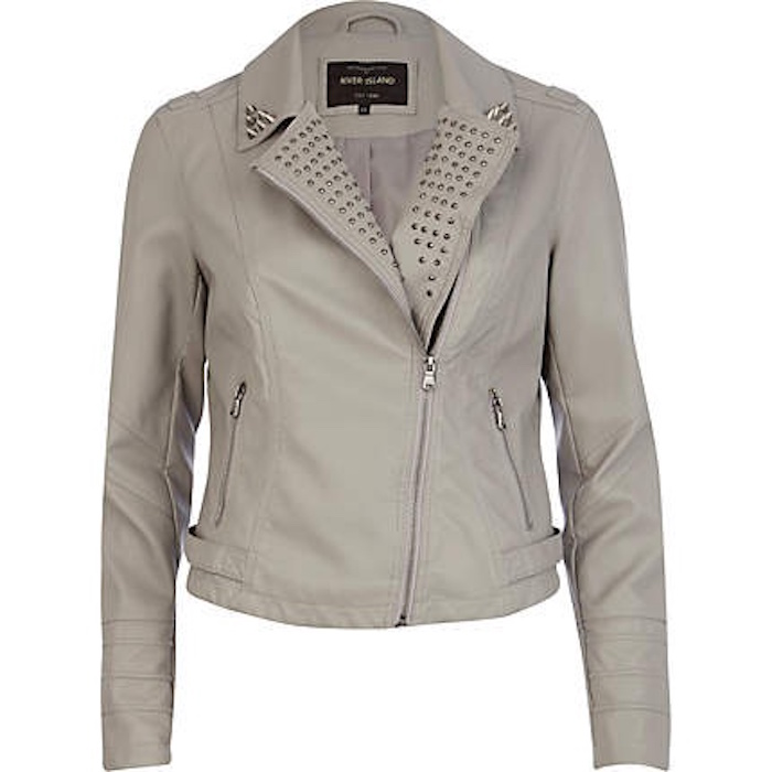 River Island Grey studded collar leather look biker jacket